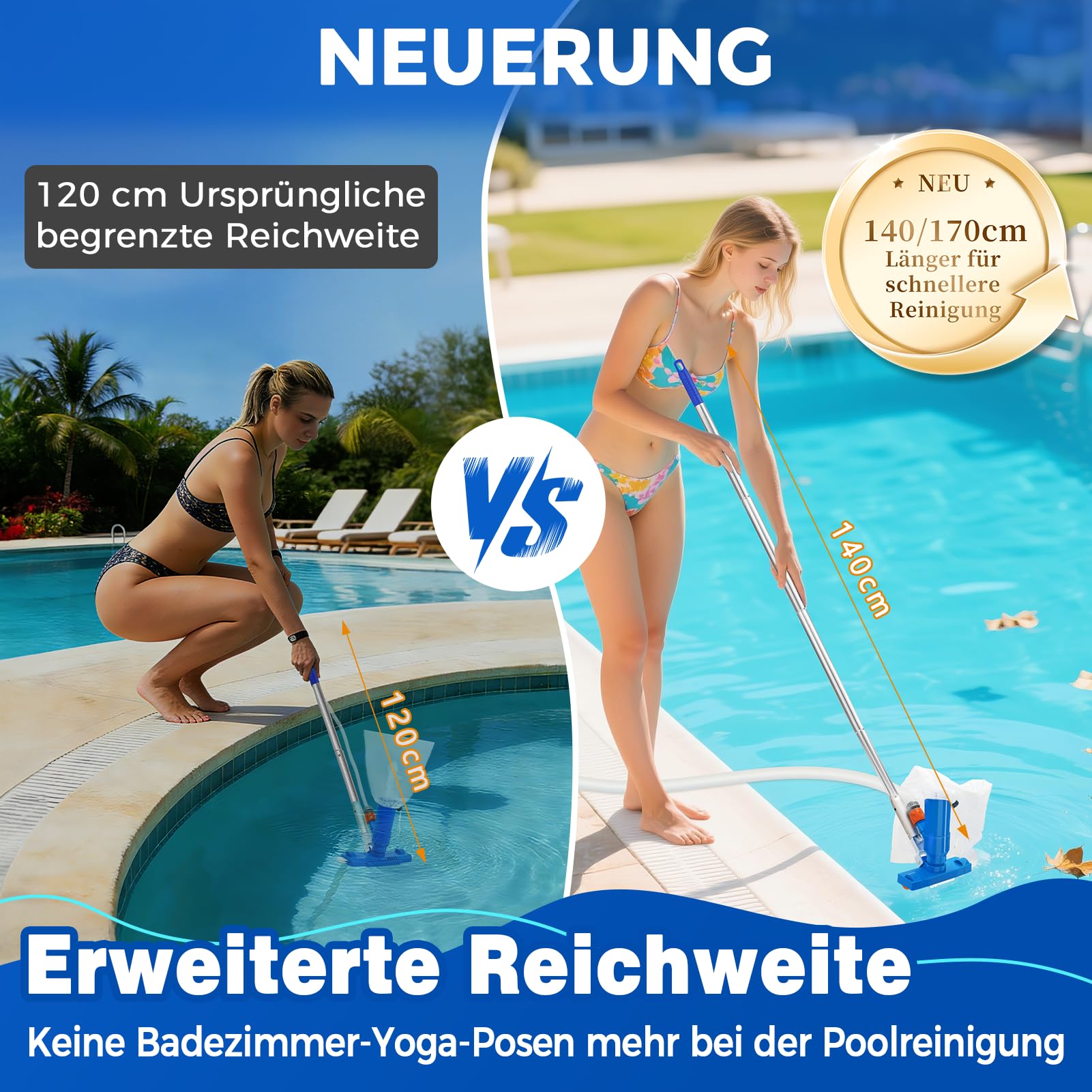 140cm Pool-Reinigungsset, Schwimmbecken-Saugreiniger mit 5-teiligem Teleskopstab, Pool-Pflegeset inklusive Reinigungsnetz, Teichsauger mit großvolumigem Skimmernetz Schmutzbeseitigung
