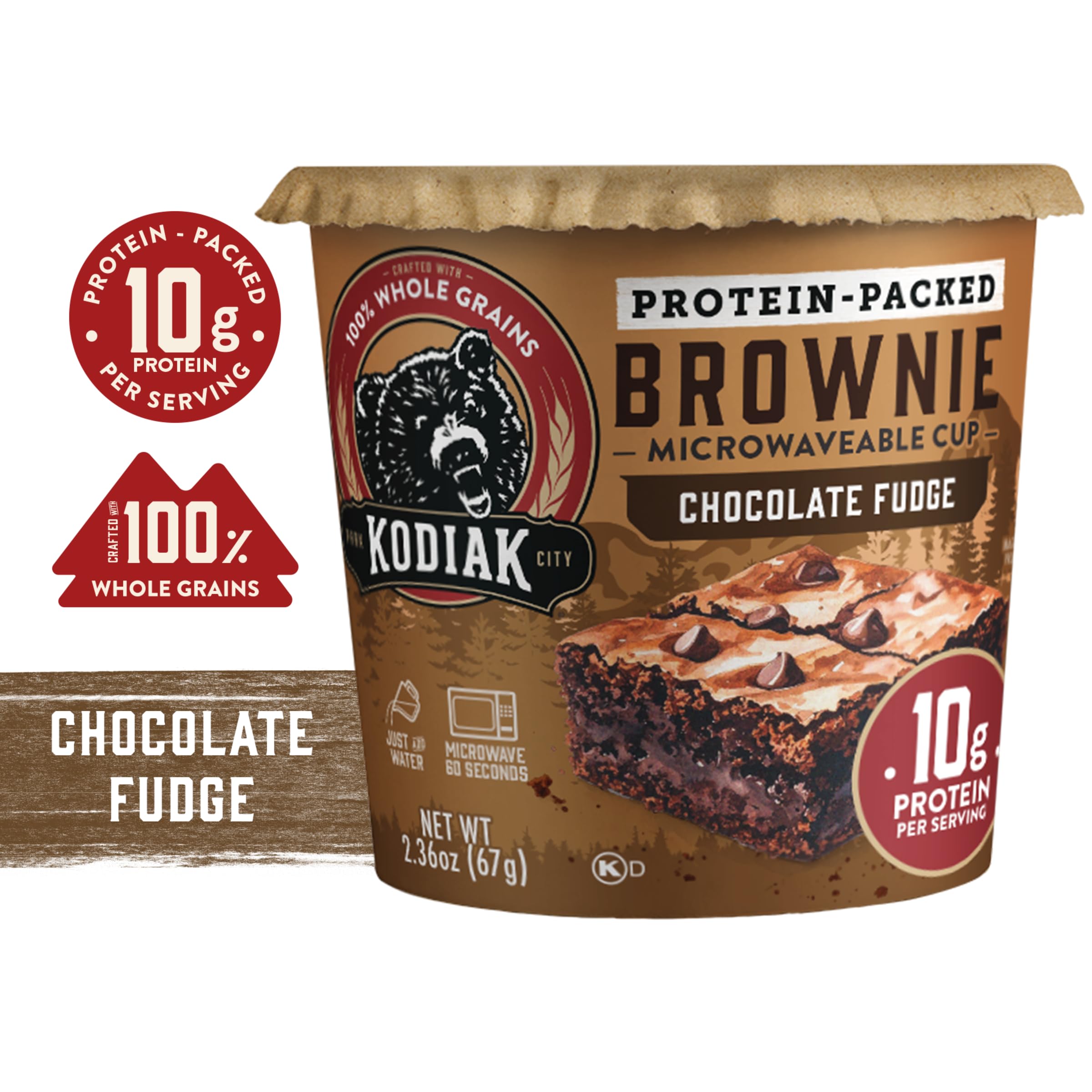 Kodiak Cakes Brownie Power Cup - 100% Whole Grain, High Protein Cup Brownie - Chocolate Fudge Brownie Power Cup, 2.36 Ounce (Pack of 12) (Packaging May Vary)