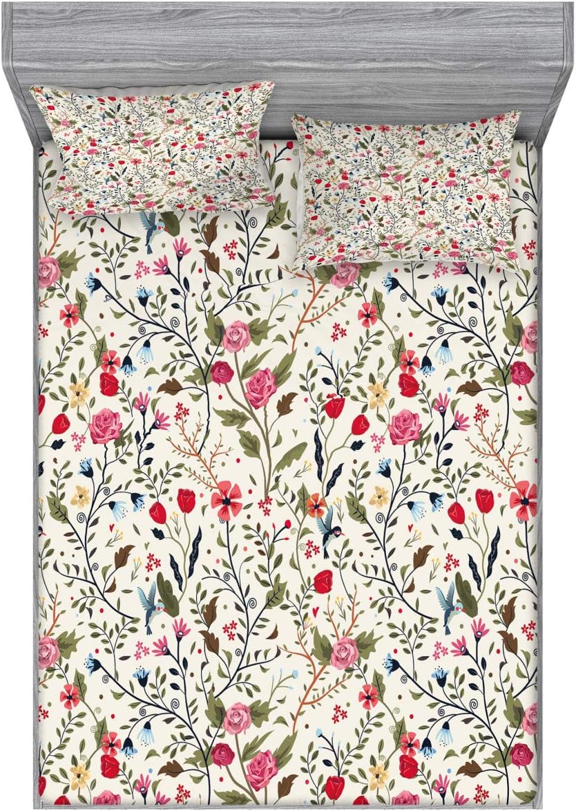 Ambesonne Floral Fitted Sheet & Pillow Sham Set, Vibrant Colored Complex Image Birds with Roses Leaves and Polka Dots Nature Scenery, Decorative Printed 3 Piece Bedding Decor Set, Queen, Multicolor