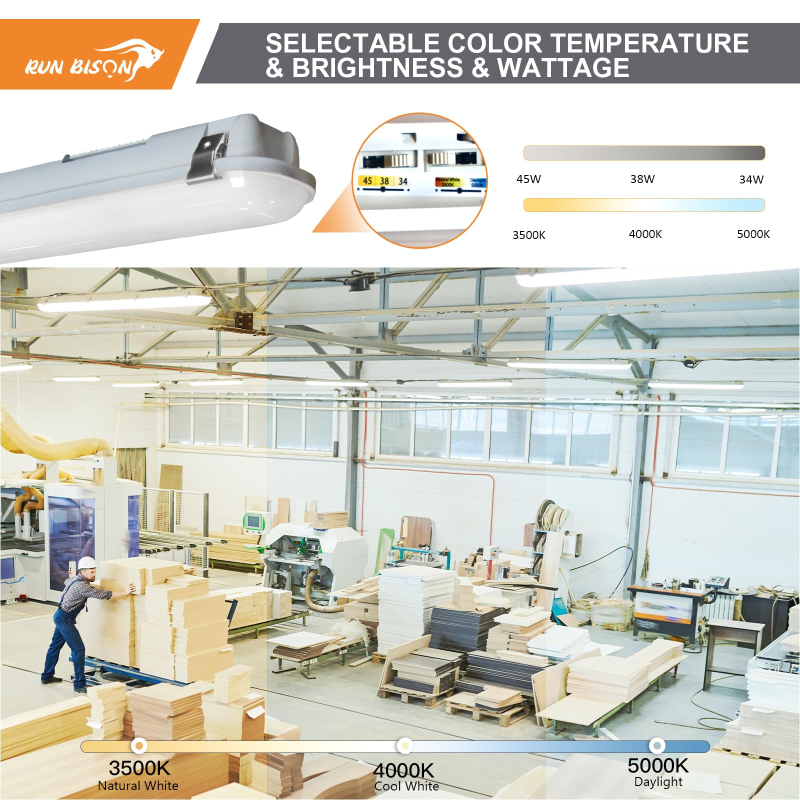 4FT LED Vapor Tight Light Fixture 4420 4940 5850LM Vapor Light Fixture 3500K 4000K 5000K CCT Selectable Waterproof — view 7