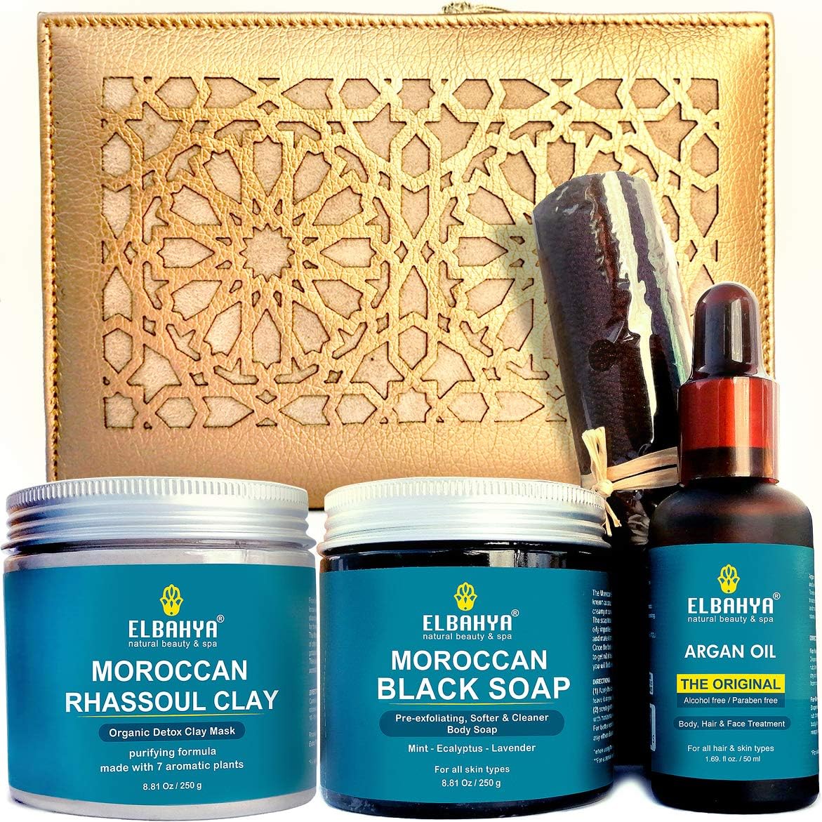 ★ Moroccan Hammam Kit Include (Moroccan Black Soap with Lavender, Natural Ghassoul Clay with Rose Water, Argan Bar Soap, Exfoliating Glove, Pumice Stone and Manual Guide) Perfect Gift Idea!