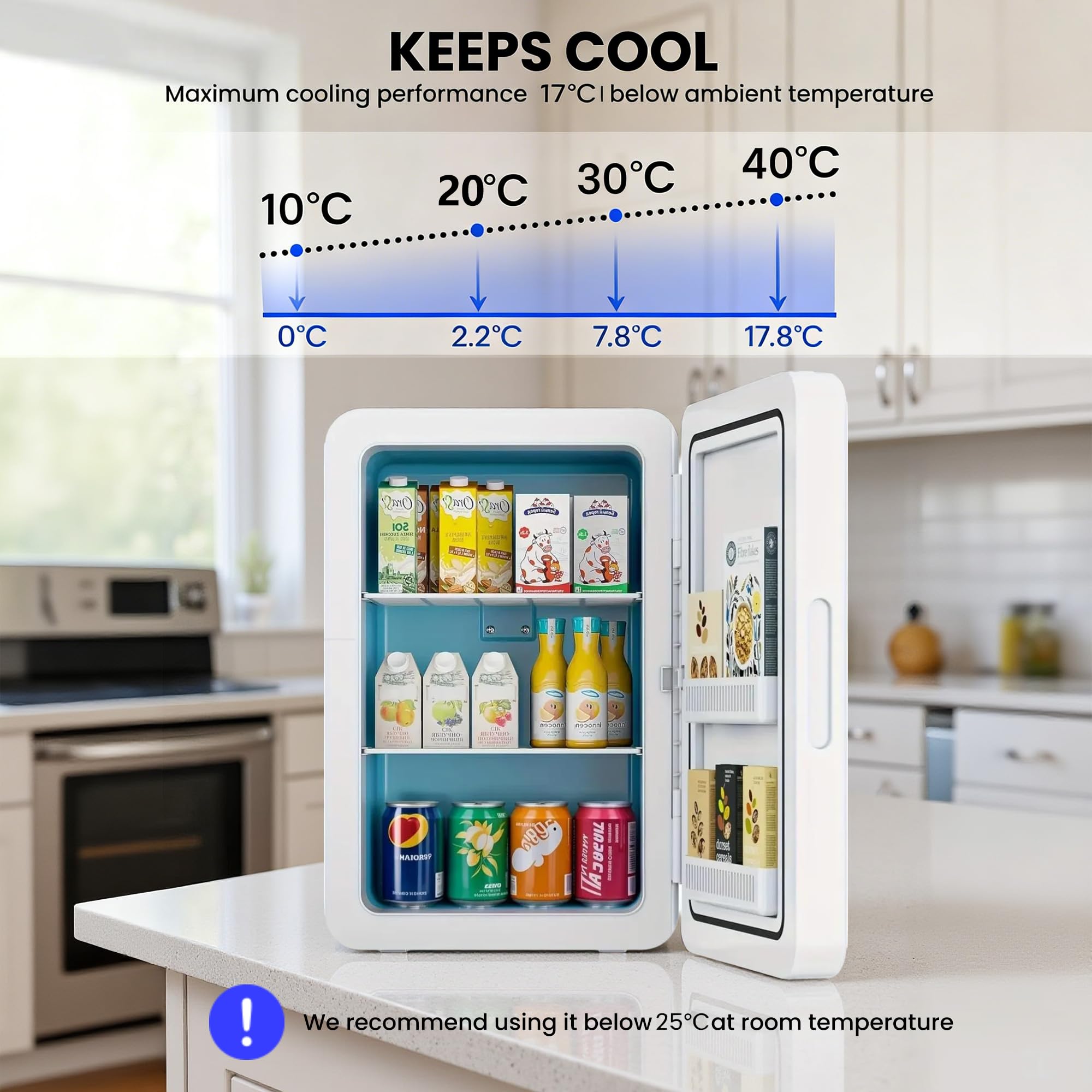 22L Mini Fridge for Bedrooms, 30 Cans Portable Cooler & Warmer Small Fridge, AC/DC Powered, Adjustable Shelves, Home Office, Car, Dorm, Travel, Cosmetics, Skincare, Drinks (White) — view 9