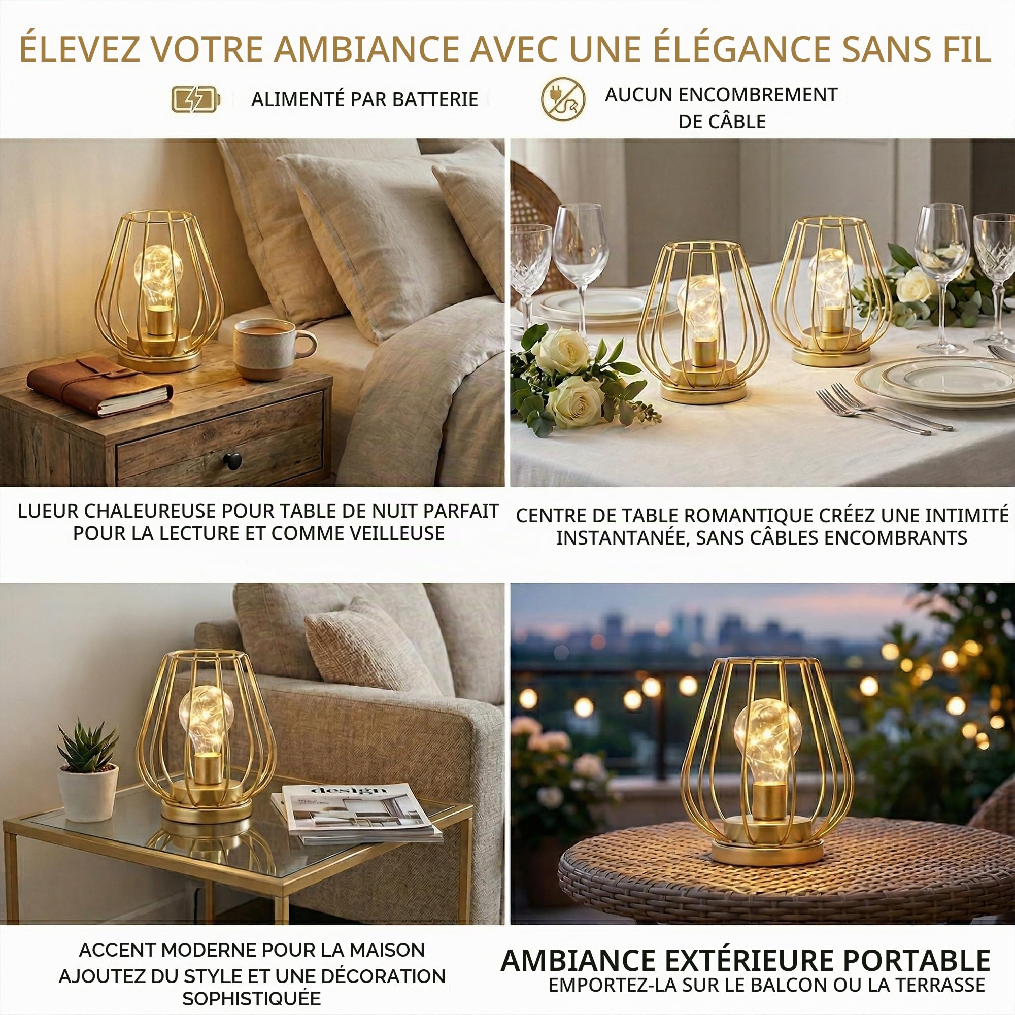 TRIROCKS Set de 2 Lampes de Table Métalliques 17 cm Haut, Lanternes Mini Cage Sans Fil Alimentées par Batterie avec Lumières LED Féériques pour Jardin, Mariage, Soirées, Intérieur/Extérieur (Or)