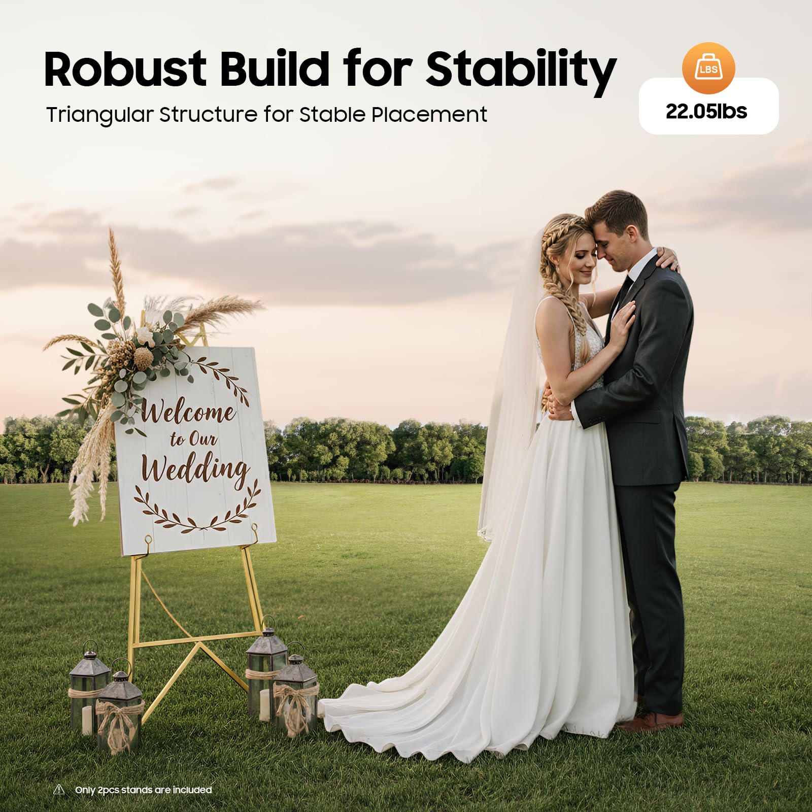 Willkommensschild Hochzeit, 2er Set Staffelei Groß Metall, Präsentationsständer für Bilder Poster Schilder Fotorahmen, Staffeleiständer für Hochzeit Party Ausstellung, Gold