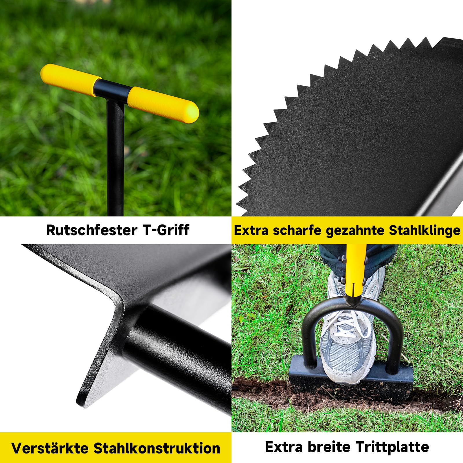 Manueller Rasenkantenstecher mit Verstellbarer Länge von 96–106 cm, Sägezahn-Kantenstecher mit breiter Trittfläche und Klinge aus Manganstahl, Gartenwerkzeug zum Abstechen von Beeten