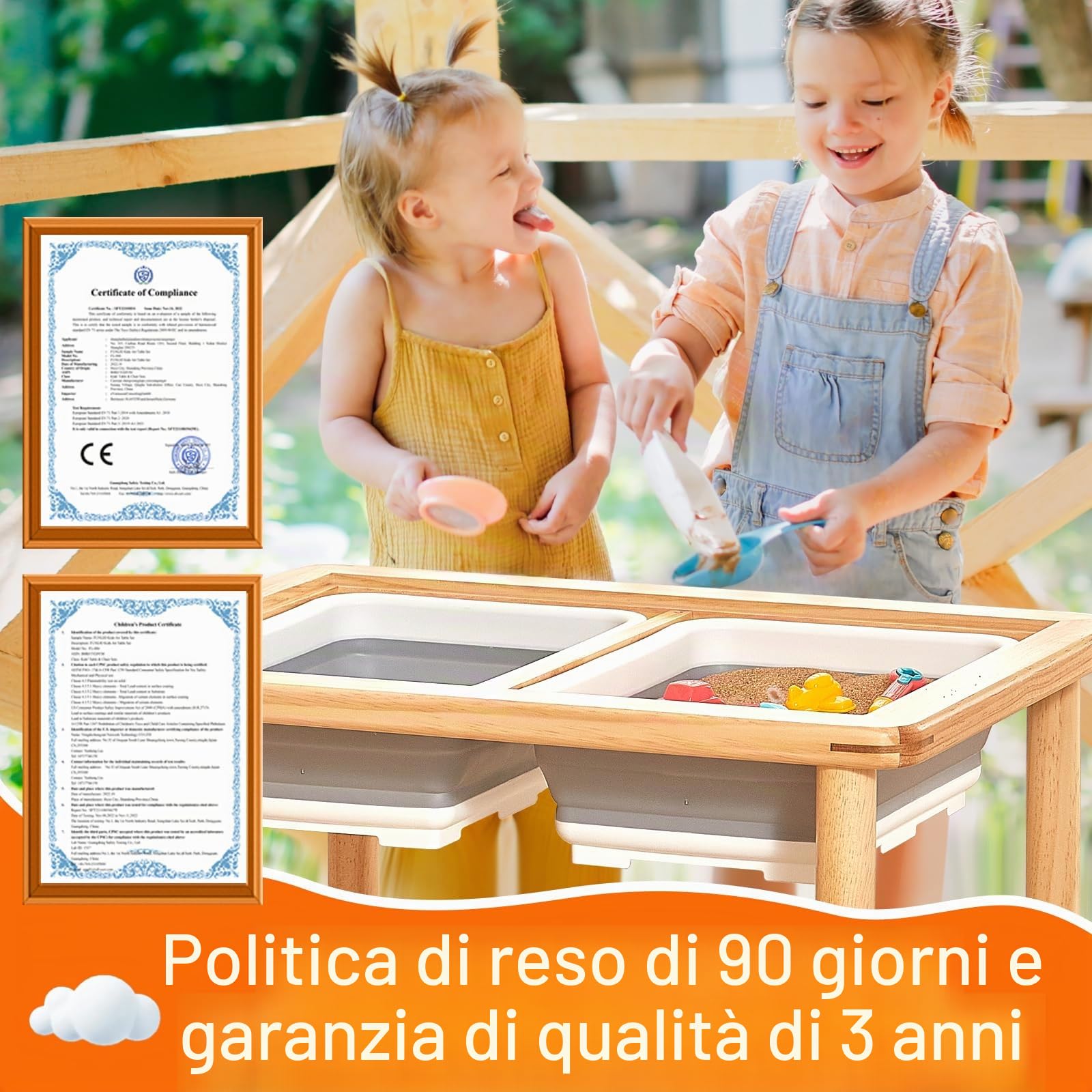 FUNLIO Tavolo sensoriale in Legno con 2 contenitori per Bambini da 1 a 5 Anni, Tavolo sensoriale per Bambini Regolabile in Altezza a 3 Livelli, Tavolo da Gioco per Sabbia e Acqua, Certificato CPC