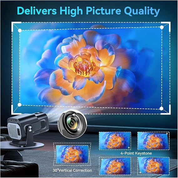 4K HY320 Projeksiyon Cihazı, 1080P Full HD Görüntü Kalitesi, 300 ANSI Lümen Parlaklık, Dahili Hoparlörlü, HDMI USB Bağlantılı WiFi 6 Bluetooth 5, 150 Inch Büyük Görüntü, Ev Ofis İş Yeri İçin Uygun