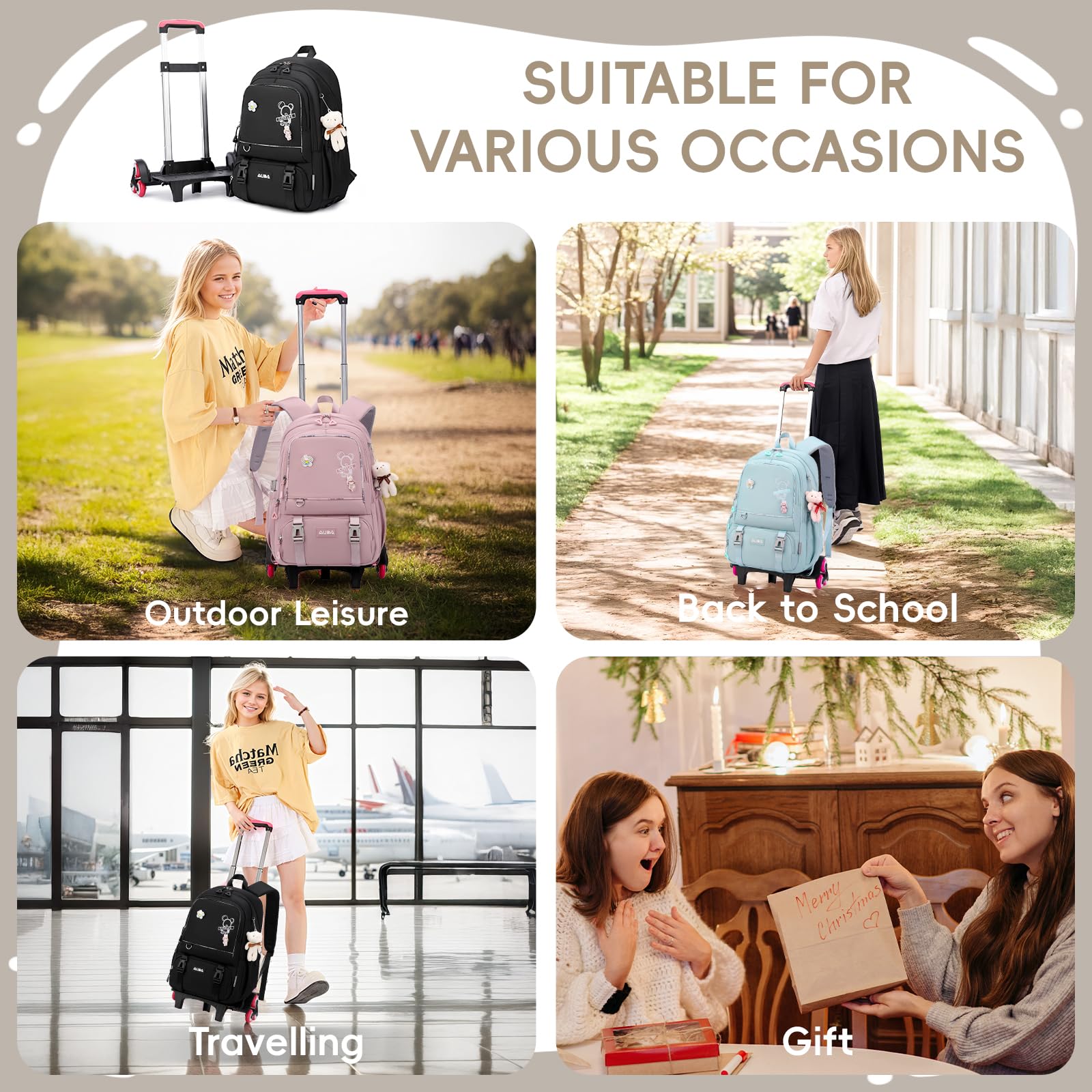 Amythe Zaino con Rotelle per Ragazza, 6 Ruote, con Ciondolo, Nero | 2 in 1 Zaino Trolley Scuola Elementare Media per Bambina Adolescenti da 9 a 18 anni, Carrello Removibile, Ritorno / Viaggi