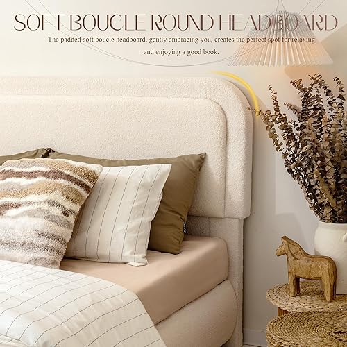 Miniatura 4 de Yechen Boucle Cloud - Marco de cama Queen con cabecera de esquinas redondeadas, marco de cama tapizado suave color crema con patas de madera maciza,