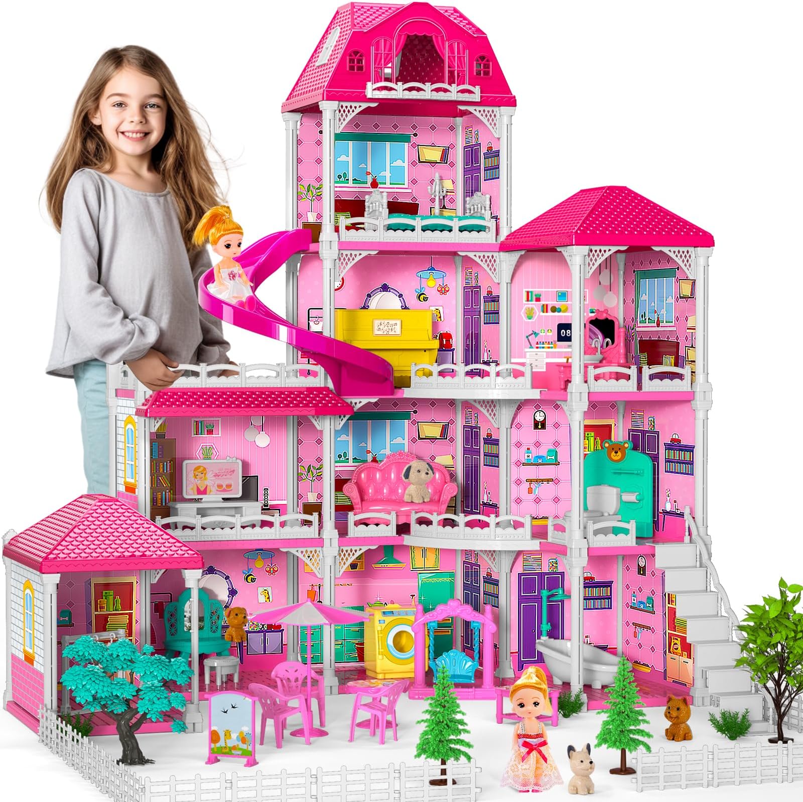 Doloowee 4-Story Dollhouse with Slide & 2 Dolls, 10-Room Toy Playhouse