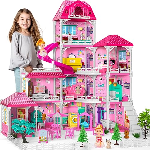 Casa de muñecas para niñas, juguetes de 4 pisos, 10 habitaciones, casa de muñecas con 2 accesorios deslizantes de princesas, juego para niños
