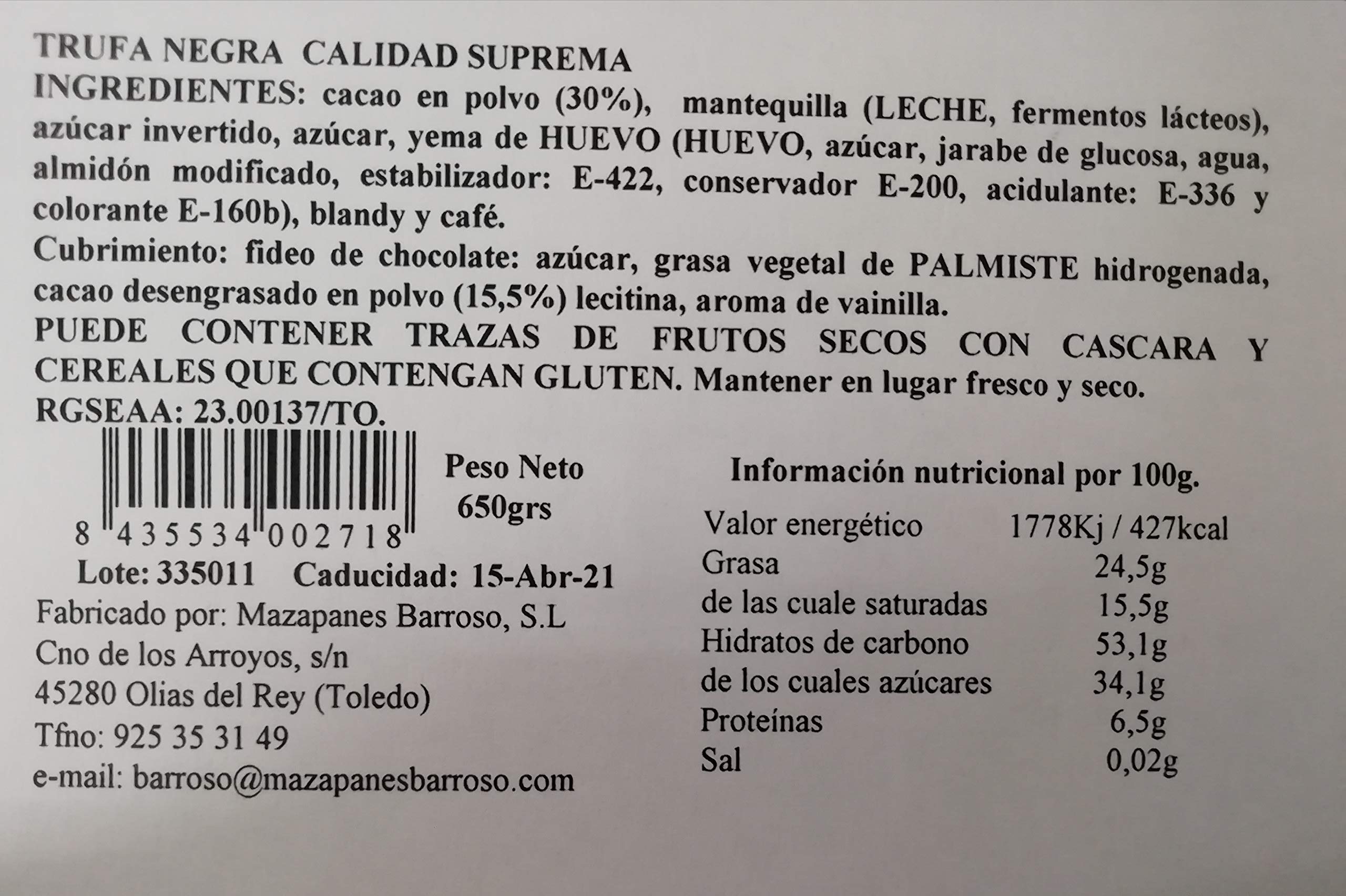 Trufas de Chocolate Negro Artesanas. Mazapanes Barroso. Bolitas de Cacao de Ceilán Recubiertas de Virutas de Chocolate. 35 Unidades. Estuches de 650 gramos.
