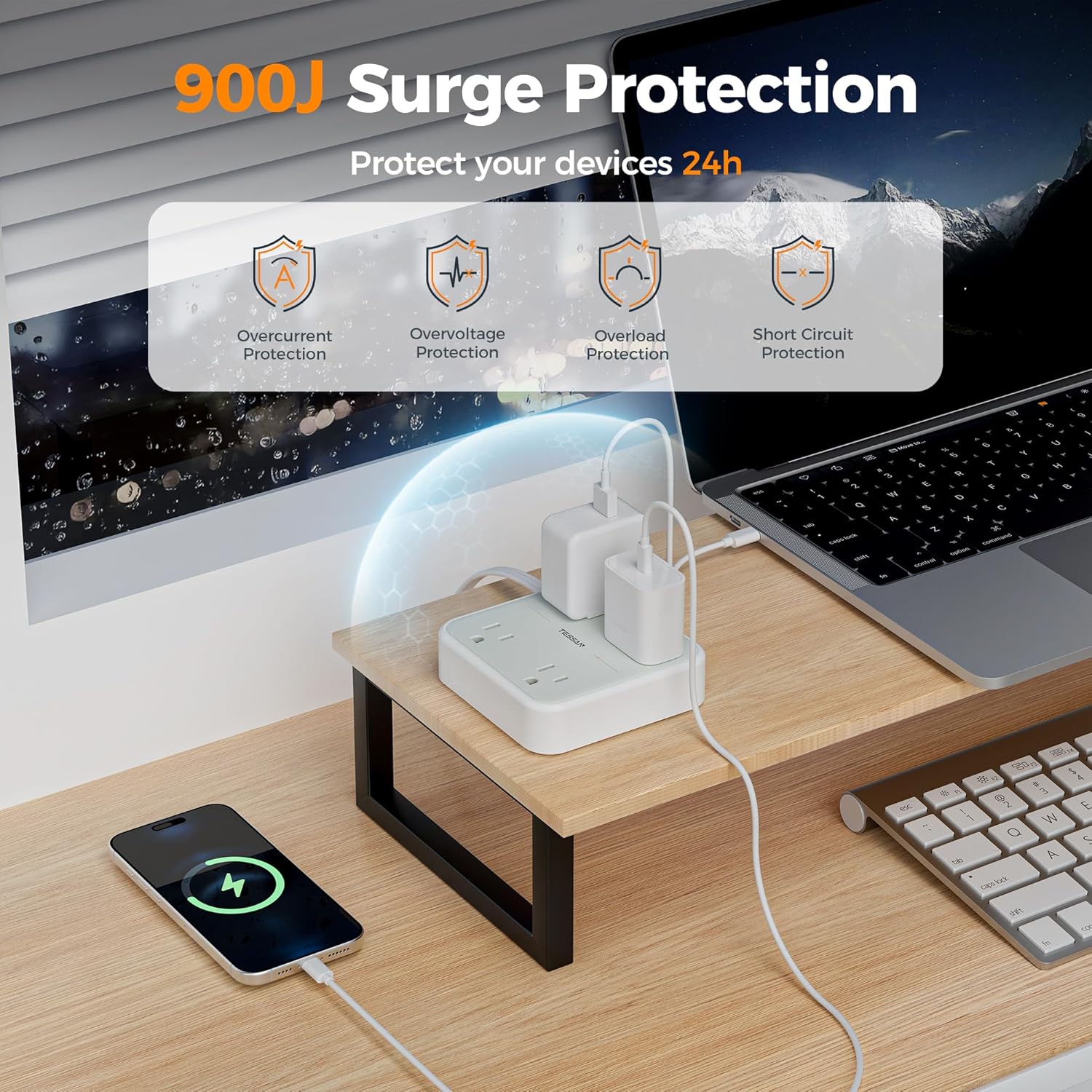 TESSAN Surge Protector Flat Extension Cord 5Ft, Flat Plug Power Strip with 4 Outlets, 900 Joules Protection, Multiple Wall Outlet Extender Suitable for Home Office Dorm, Grey