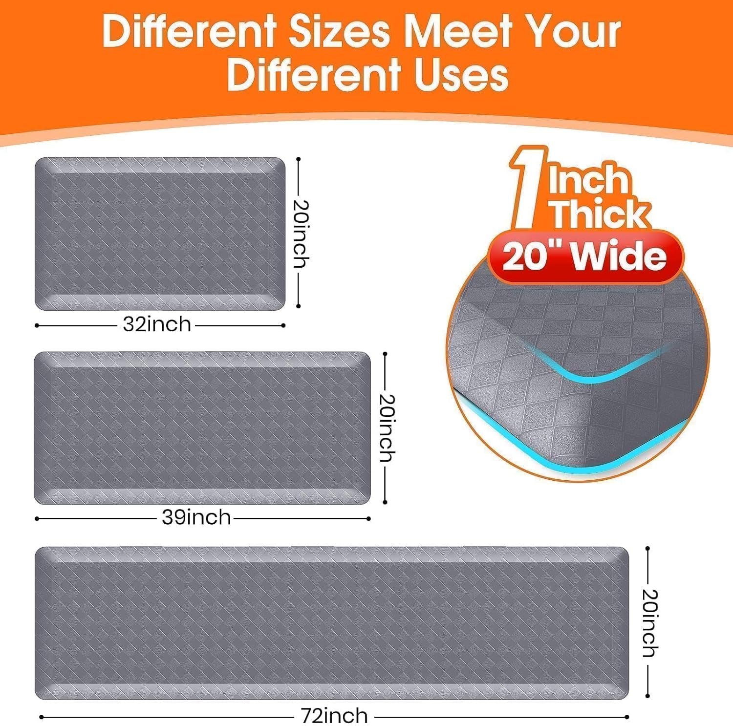 StepRite 1” Thick Kitchen Mats for Floor, Anti Fatigue Kitchen Rugs, Non-Slip,Heavy Duty Water Resistant Kitchen Rug, Standing Desk Mat for Friends, Family, Home, Kitchen, Office (72" x 20", Grey)