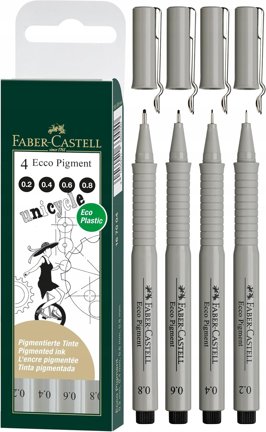 Faber-Castell Ecco Pigment Fibre Tip Pen Wallet, 4 Black Pens (0.2, 0.4, 0.6 & 0.8mm)
