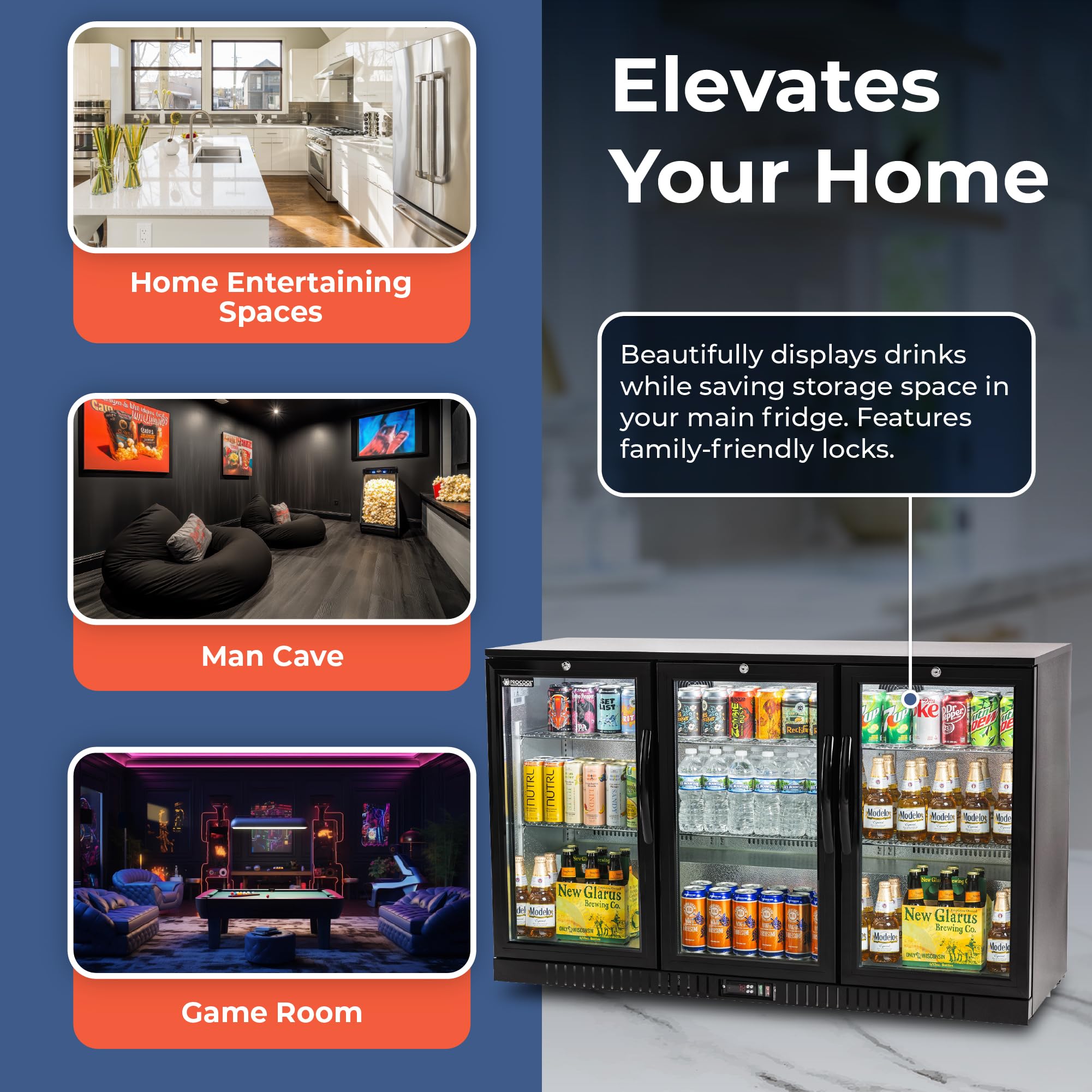 Procool 3-Door Undercounter Refrigerator - 33” Tall Energy Efficient Black Beverage Cooler With Glass Doors & White LED Lights - Residential Beverage Refrigerator For Entertaining Spaces & Home Bars on Fridge.com - View 5