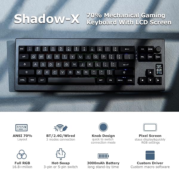 EPOMAKER Shadow-X Gasket Clavier Mécanique échangeable à Chaud, Clavier de Jeu Triple Mode (2.4ghz/Bluetooth/USB-C) avec écran, Mousse Poron, Pad en Silicone, NKRO, RGB (Flamingo Switch) - 2