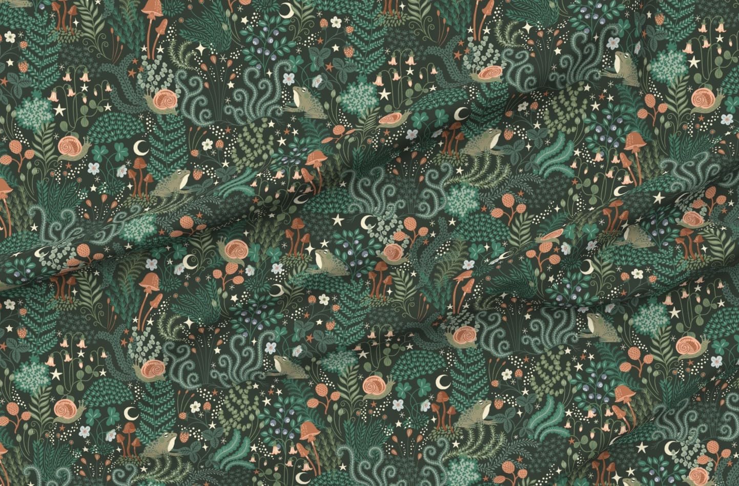 Spoonflower Fabric - Fairy Tale Forest Frog Snail Green Fern Magic Scandinavian Moon Printed on Organic Cotton Sateen Fabric by The Yard - Sewing Quilting Apparel Home Decor