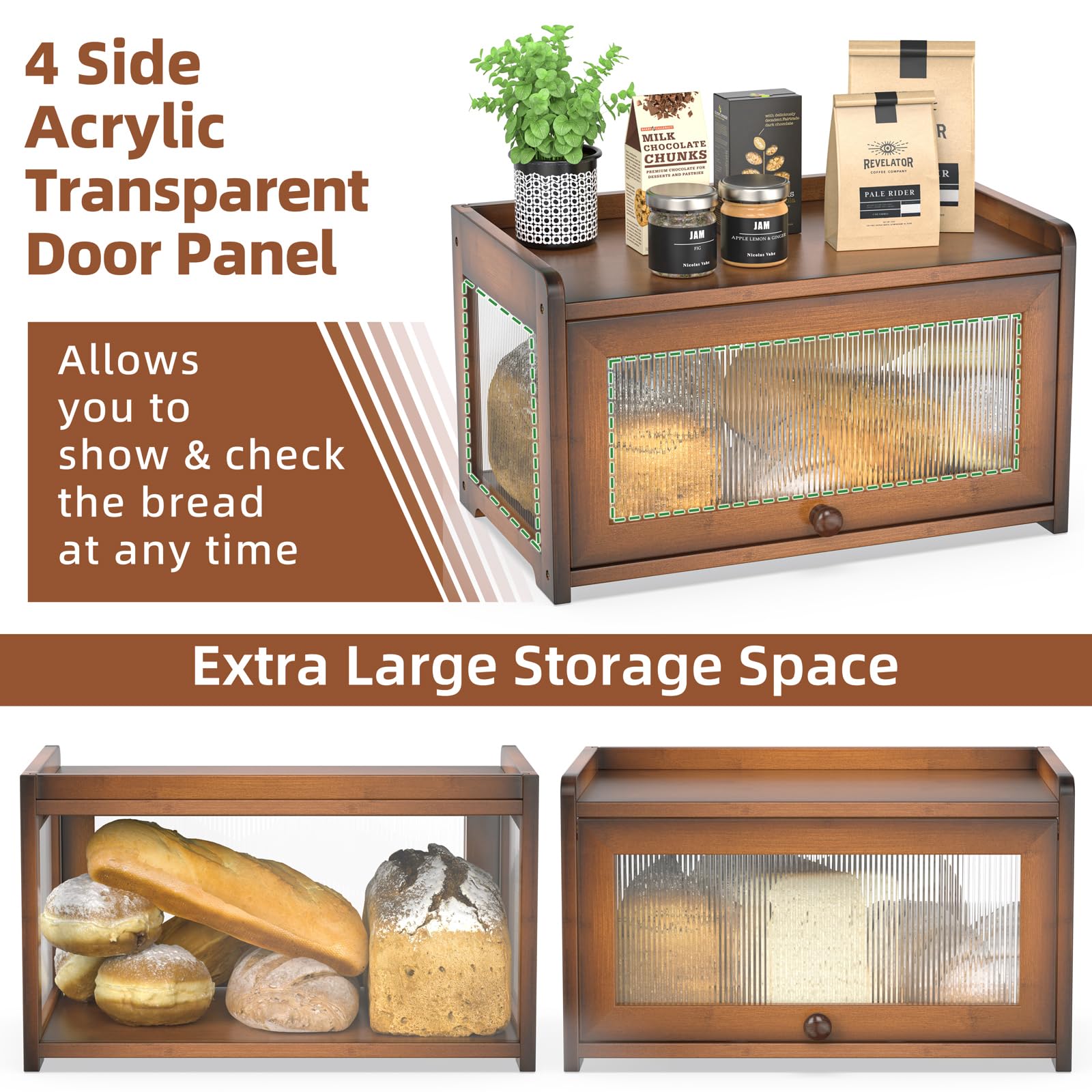 BAMBANG Panera de bambú para encimera de cocina, contenedor de almacenamiento de pan de gran capacidad, caja de pan de granja con 3 lados ondulados y ventana trasera transparente, soporte para panera