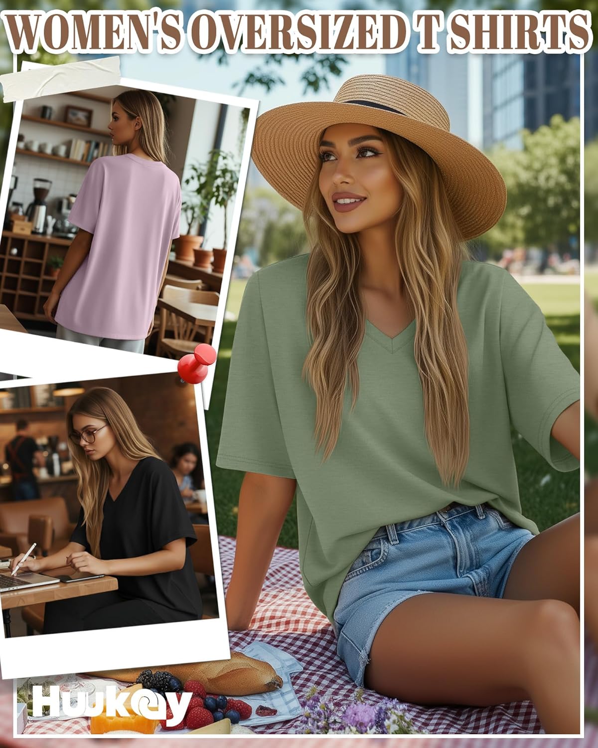 Huukeay 3 Pack Women's Oversized Cotton T-Shirts V Neck Loose Fit Casual Workout Tees Soft Short Sleeve Tops - Image 2