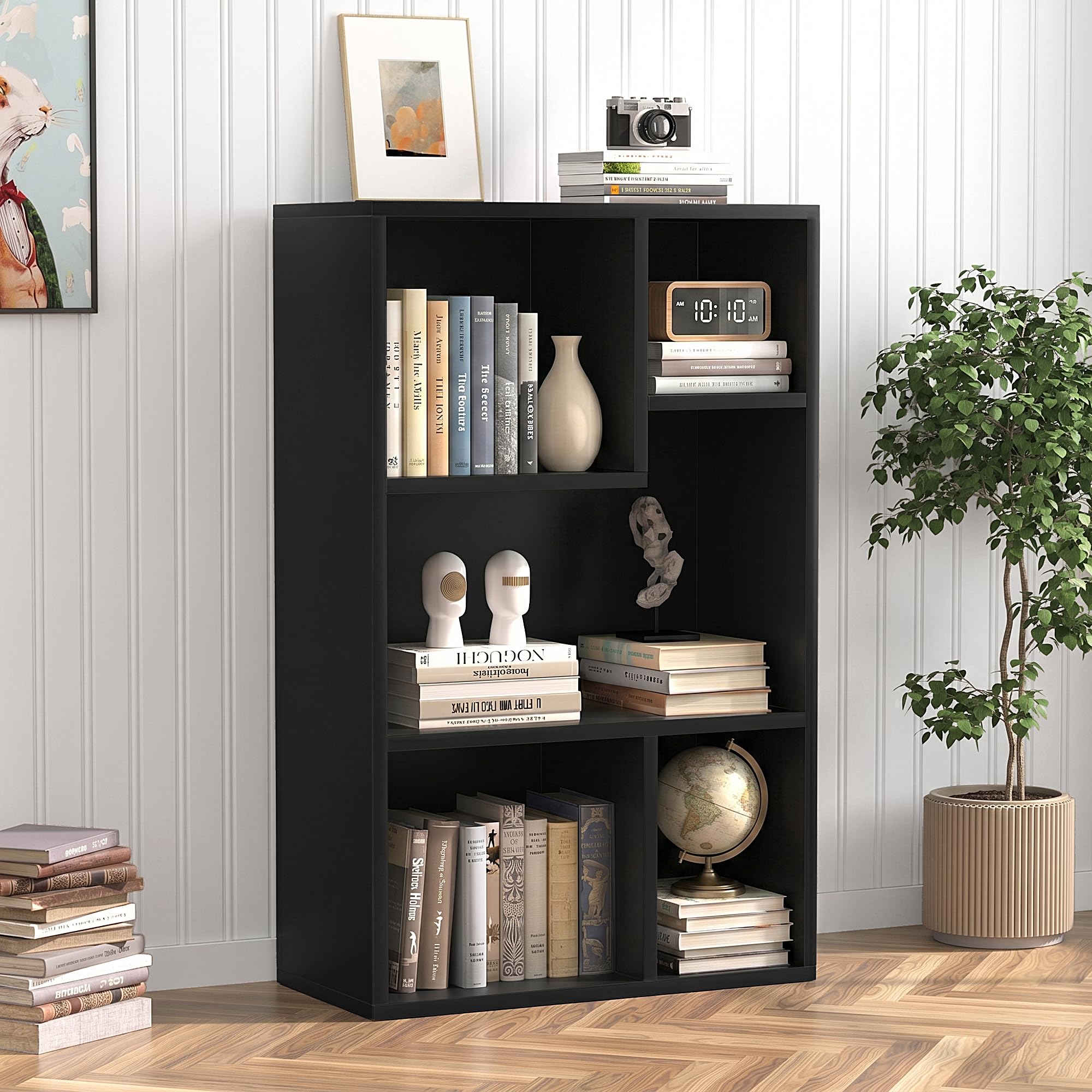 VECELO 4-Tier Bookcase, 5 Cube Wooden Bookshelf with Height Difference Shelves, Floor Standing Storage Display Unit for Living Room, Bedroom, Home Office, 50 x 24 x 80 cm, Black