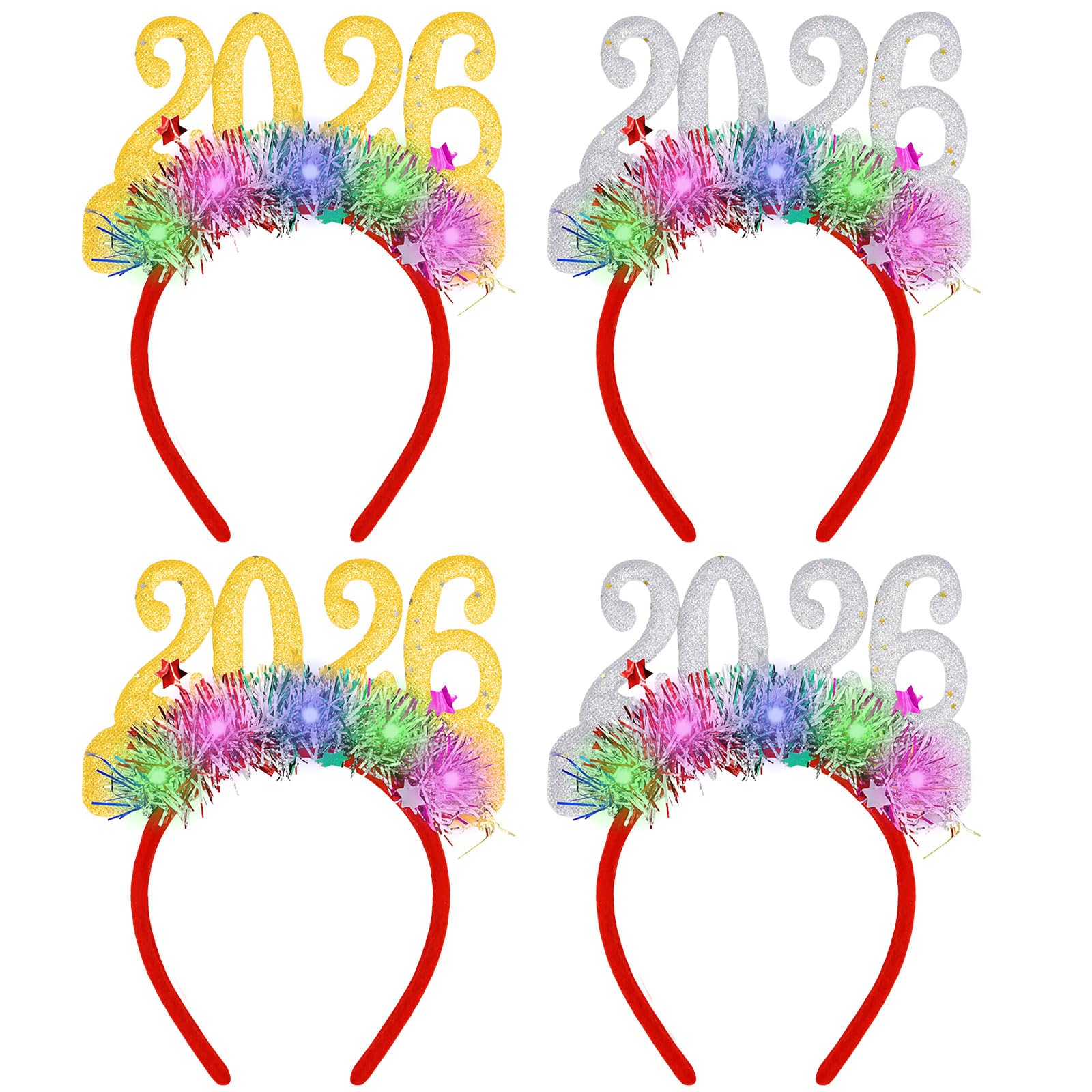 New Years Eve Decorations 2026 - 4 Pcs 2026 Happy New Year Headband with LED Lights, Star Sequins Decoration Headband, Party Photo Props Holiday Celebration Decorations for New Year's Eve Celebration