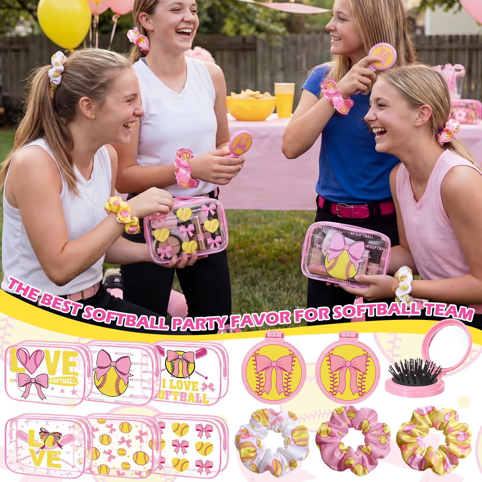 36 Pcs Pink Softball Gifts for Girl 12 Softball Makeup Bag Bulk Cosmetic Bag Sport Team Gifts with 12 Pink Bow Hair Scrunchies 12 Round Portable Folding Brush Mirror for Coach Team