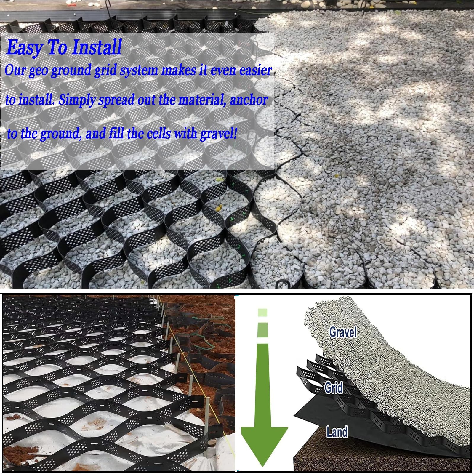 Rejilla de grava resistente | Tamaños de 3 pies a 30 pies | Soporta 1800 libras/pies cuadrados | Base de pavimentador para entradas y caminos | Solución de fácil instalación y estabilización