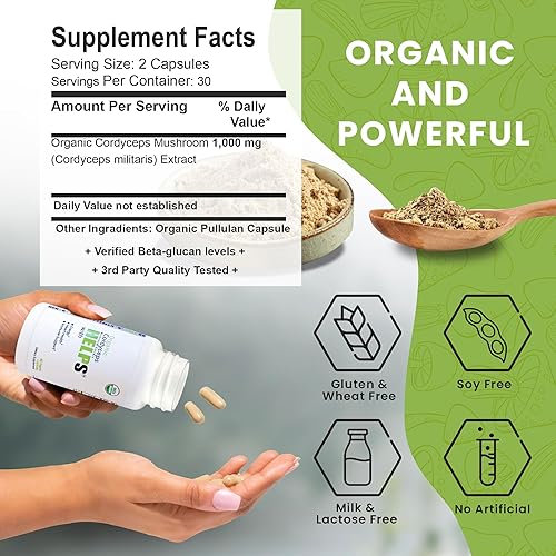 Miniatura 4 de Suplemento orgánico de cápsulas de hongos Cordyceps - 1000 mg de extracto Cordyceps Militaris - 100% natural, real y puro - Beta-Glucano - Apoyo a