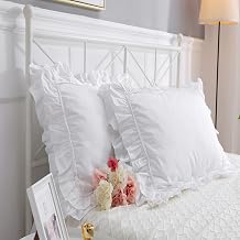 White Euro Shams with Ruffles and Lace 100% Cotton Bed Pillow Shams Queen Size 26"X26"Soft Shabby Chic 2PCS