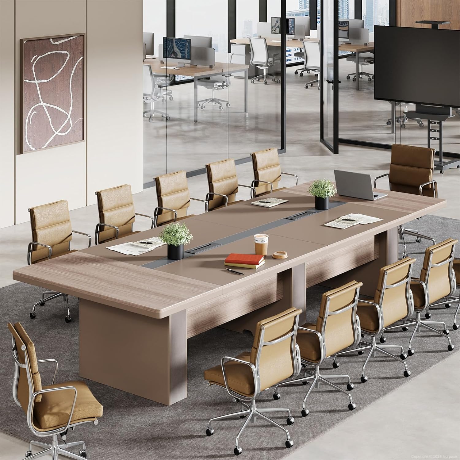 Spacious 12FT Executive Conference Table – Modern Rectangular Boardroom Table with Dual Cable Grommets, 1.6" Thick Top, Seats 10–12, Ideal for Office, Studio, or Training Rooms