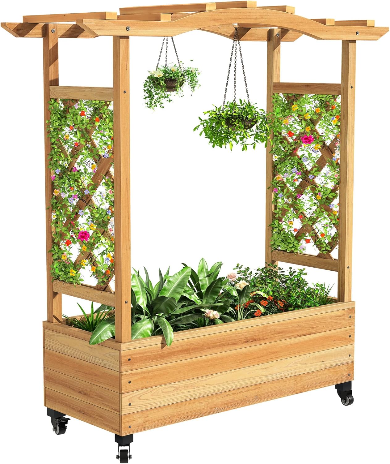 YITAHOME Raised Garden Bed with Trellis and Lockable Wheels, Wood Free-Standing Trellis Planter Box with Hanging Roof for Climbing Plants Flowers in Garden, Patio, Backyard, Balcony, Natural