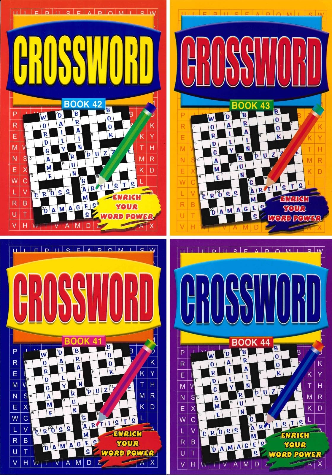 A5 Crossword Puzzle Books Set of 4 with Answers, 632 Crosswords (158 Per Book), Adult Word Puzzle Brain Training Game