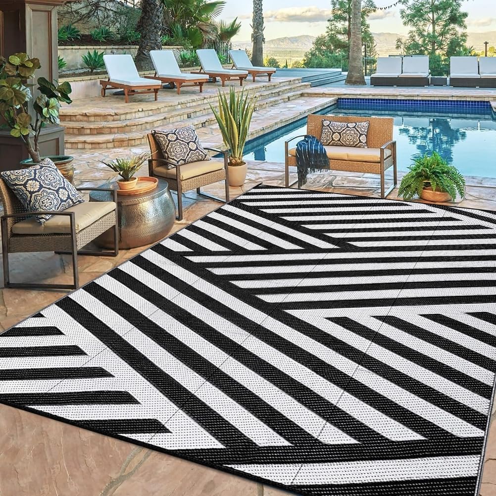 Tapis de Jardin Rayés Noir et Blanc 150x240cm Tapis Exterieur Terrasse Pliable,Tapis Tressé en Paille en Plastique Recyclé,Tapis Extérieur Réversible pour Balcon,Camping,Patio,Plage,Pique-Nique
