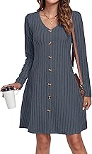 AUSELILY Women's Knitted Dress Decorative Buttons Lightweight Long Sleeve Autumn Winter Dress V-Neck A Line Jumper Dress Dresses