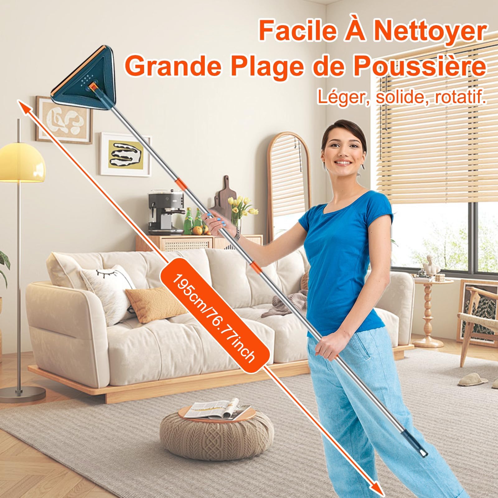 Mocio Triangolare 360° Per Pareti E Pavimenti Con Asta Estensibile In Acciaio - Set Con 6 Panni In Microfibra E Ciniglia - 2