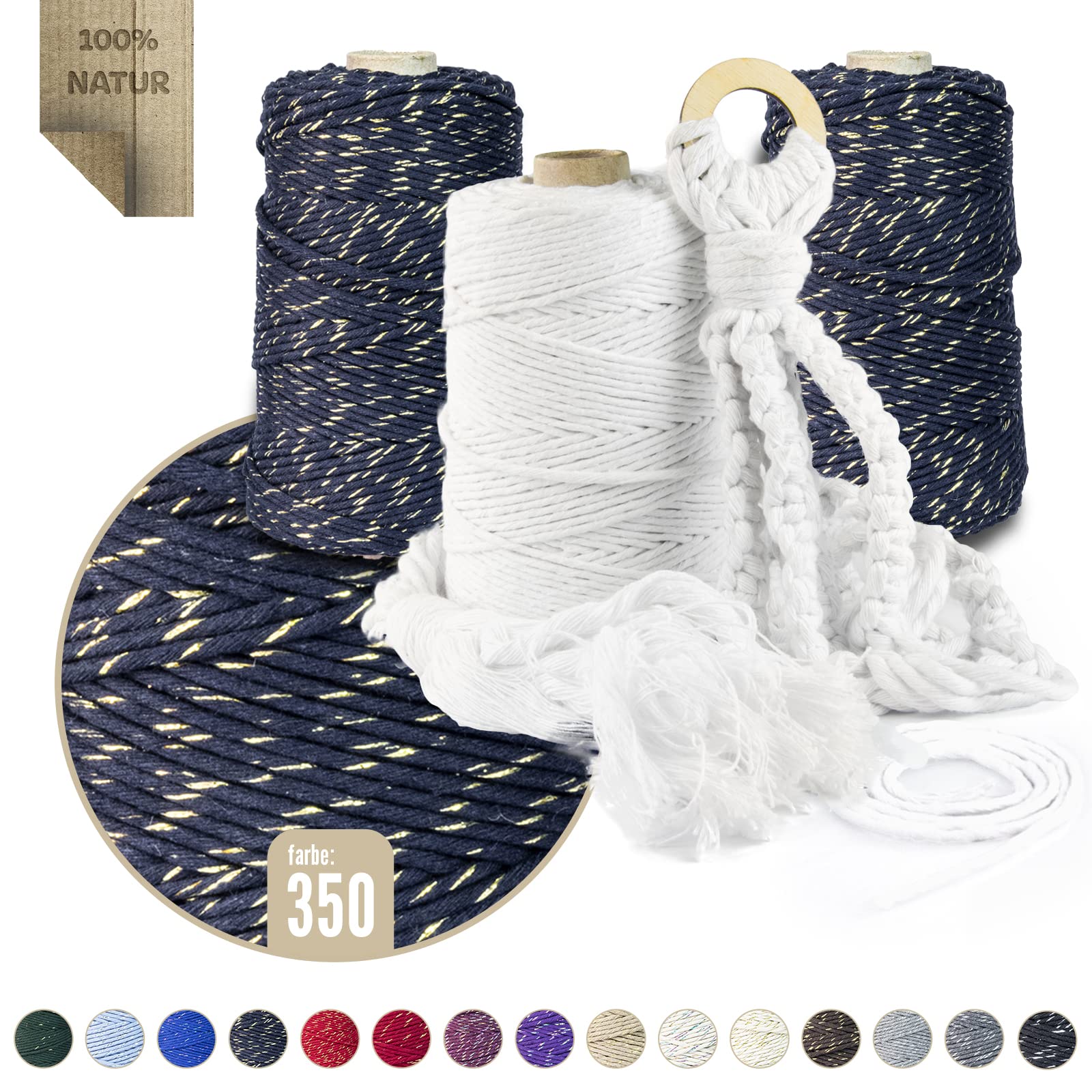 Filato MAKRAMEE di alta qualità, 1000 m, 3 mm, blu scuro con filo dorato, 100% cotone, corda di cotone naturale, filo di cotone, decorazione fai da te