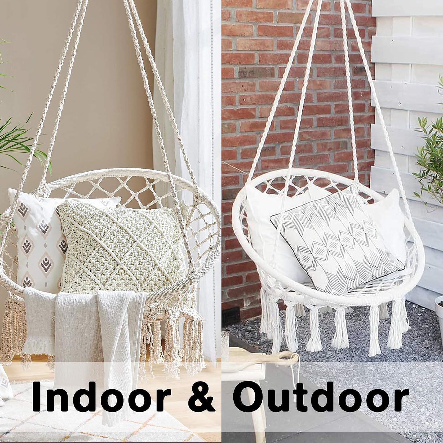 YRYM HT Macrame Swing Chair with Hardware Kit, Exquisite Dreamy Cotton Rope Hanging Swing Chair for Bedroom, Hammock Chair for Indoor, Outdoor, Patio, Yard(Max 330 LBS, Beige)