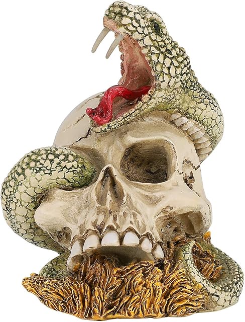 Qchomee Skull Ornament Resin Skull Head Novelty Halloween Ornaments Party Home Desktop Decoration Skull Props Gift for Halloween Statue Skull Figurine Collection,Scary Snake Skull (12cm)
