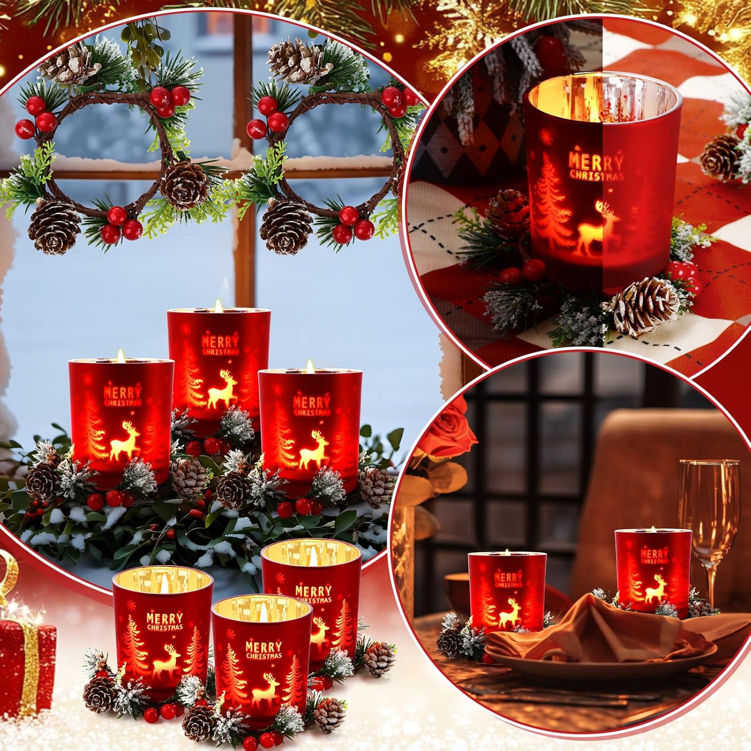 12 Sets 4inch Christmas Glass Votive Candle Holders Decoration Christmas Tealight Candle Holder with Xmas Berry Rings Wreath for Xmas Table Centerpiece Holiday Party Supplies(Red)