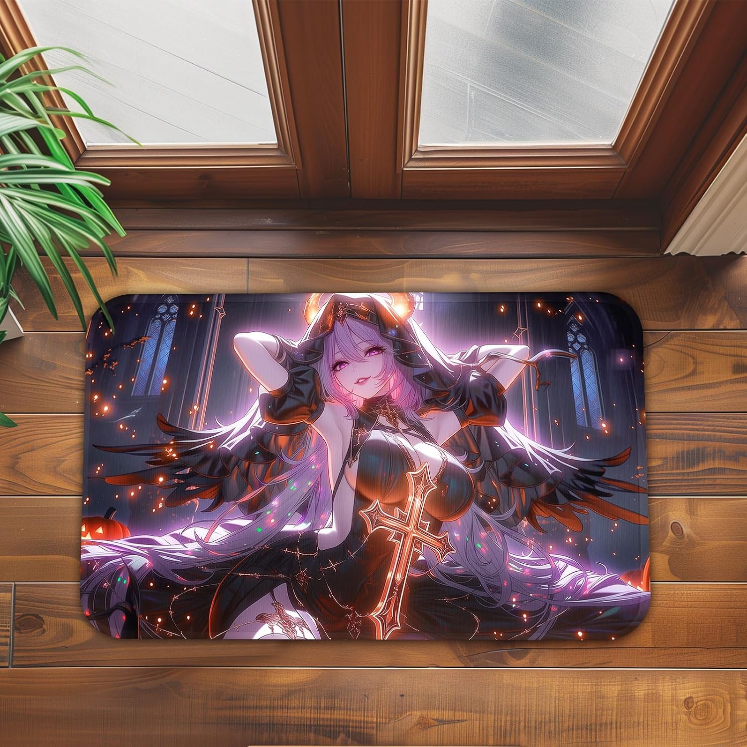 2026 Halloween Purple Dark Angel Demon Floor Mat, Gothic Black Nun Sexy Anime Doormat, Black Wing Elf Waifu Decor Floor Rug, Bathroom Runner for Game Room Decor, Living Room (32" x 20") image 2
