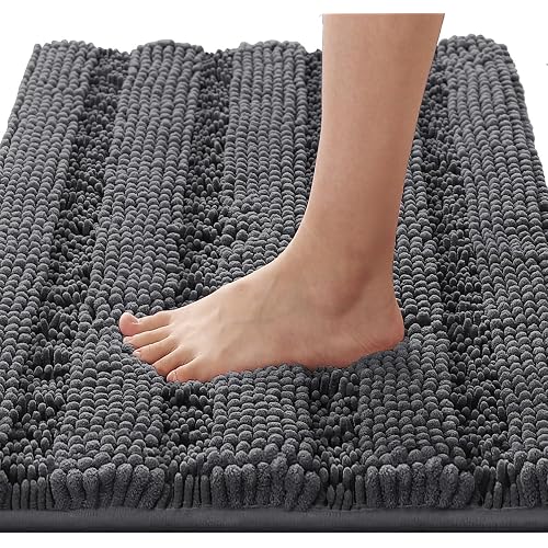 H.VERSAILTEX Bathroom Rugs Bath Rugs Non Slip Bath Mats Extra Thick Chenille Striped Rug 17" x 24" Absorbent Soft Shaggy Washable Dry Fast Bath Mats for Bathroom Floor - Grey