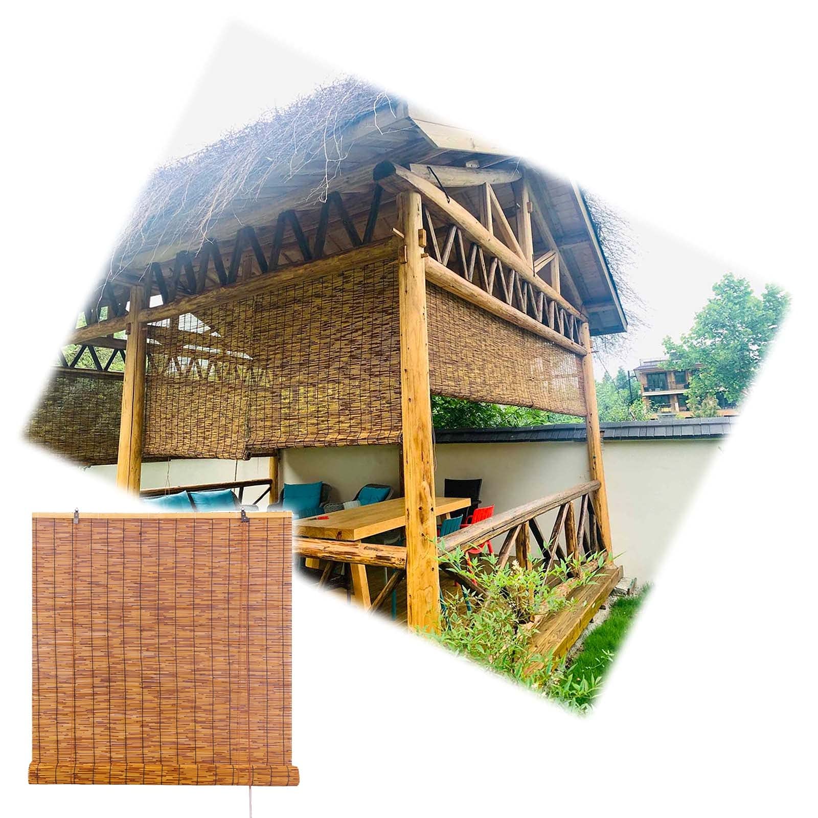Karbonizowana naturalna zasłona trzcinowa, bambusowe rolety z podnośnikami, balkon, taras, pergola, zasłona przeciwsłoneczna ze słomy, do użytku na zewnątrz zwijane, konfigurowalne, szer. x wys. 110 x 120 cm