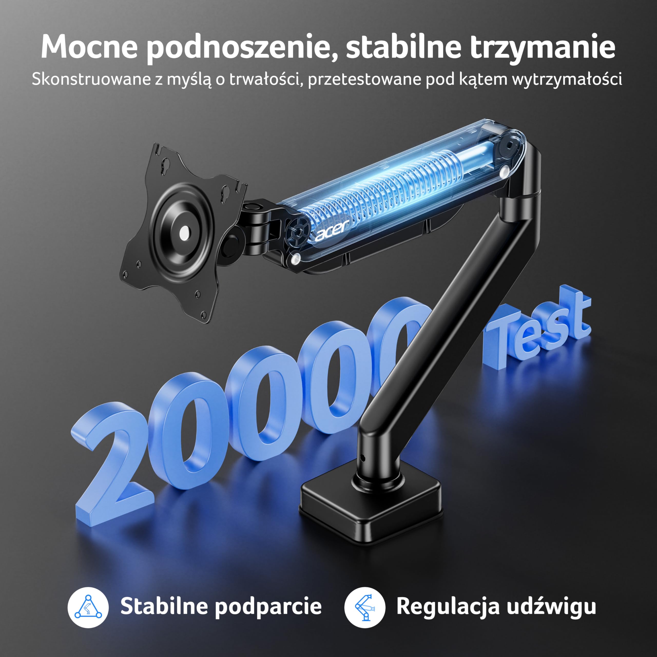 Acer Uchwyt pojedynczy monitor do 17-34 cali, Sprężyna gazowa Ramię | Obciążenie 2-9kg, Stojak regulacją wysokości z Pochylenie Obrót Obracania, VESA 75/100mm, Podstawa zaciskiem C/przelotką