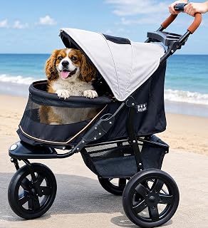 Pet Gear No-Zip AT3 반려동물 유모차, 고양이/강아지용, 라이트 샌드 | 지퍼 없는 입구, 한 손으로 쉽게 접을 수 있음, 조깅 타이어, 탈착식 라이너, 컵 홀더 + 보관 바구니