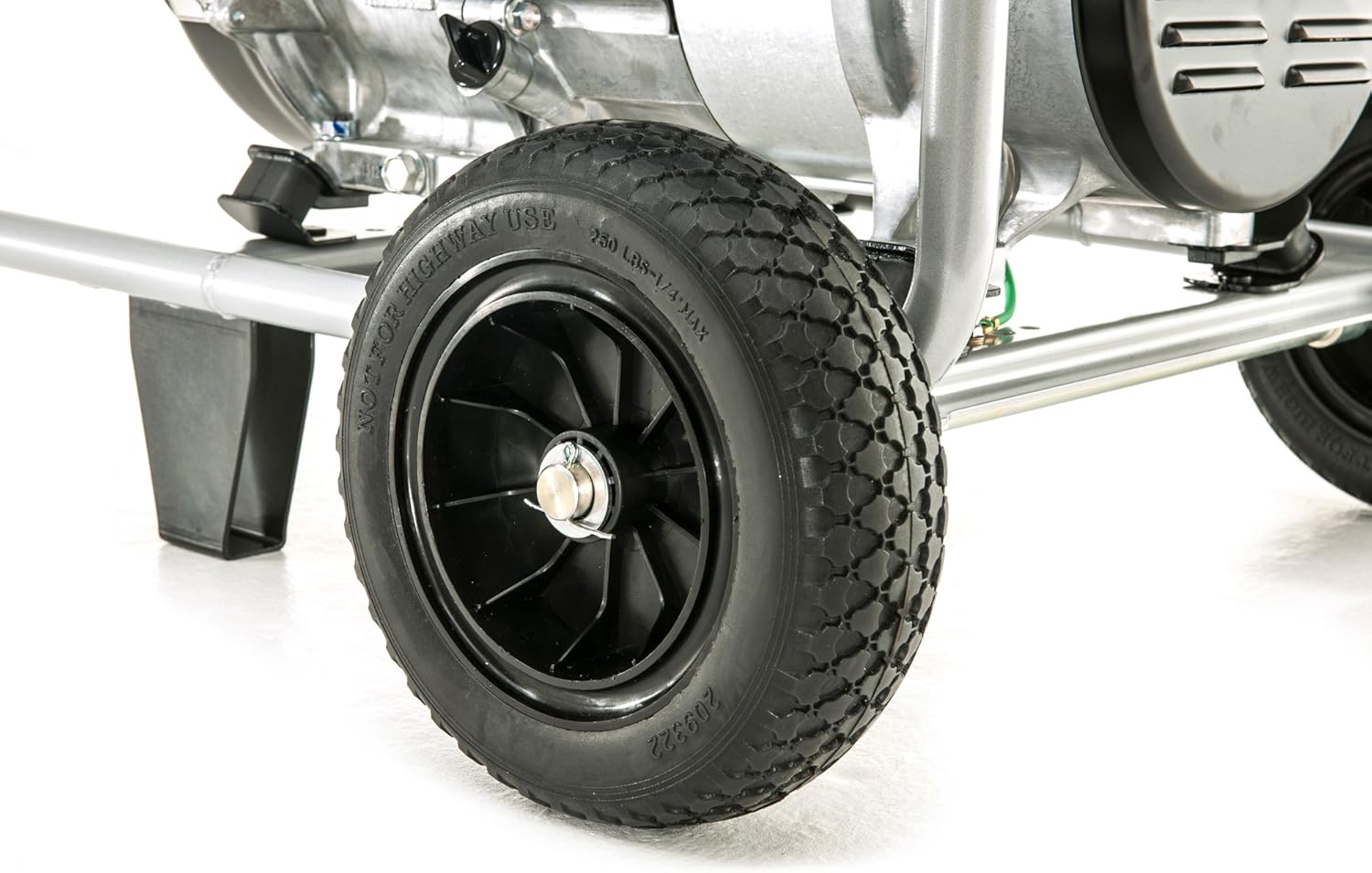 Close-up of a wheel on the Yamaha EF7200D generator