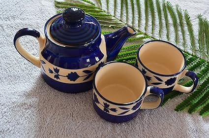 Renhomz Premium Ceramic Tea Kettle Set,(1 Kettle +2 Cups) | Hand Painted Blue Legend Designs