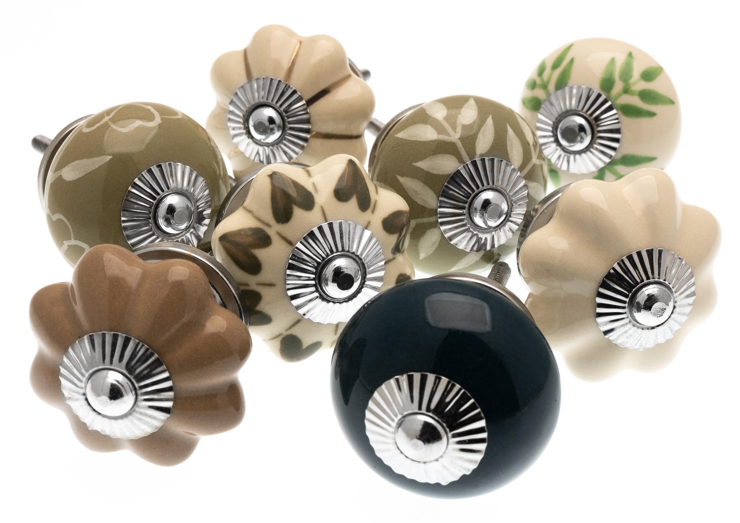Mango Tree Green Vintage Cupboard Knob – Decorative Dark Cream And Sage With Patterns Drawer Pull And Ceramic Door Handle – Elegant Hardware Set Of 8