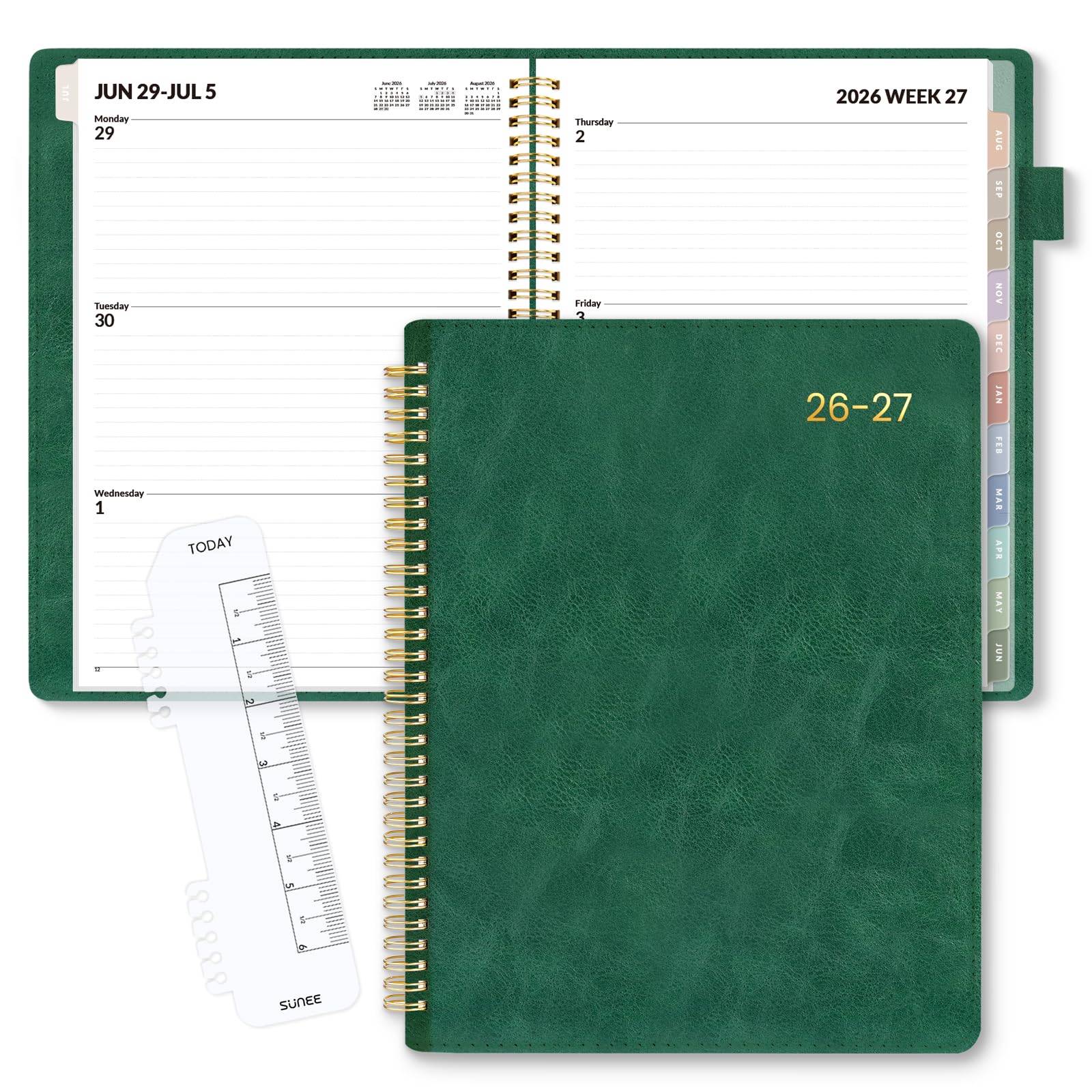 SUNEE Agenda semanal y mensual 2026-2027 de 9 x 11.2 pulgadas, 12 meses (julio de 2026 a junio de 2027), agenda de cubierta de cuero vegano, calendario académico, bolsillo, notas, pestaña mensual