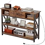 Mexin Console Table with Drawer Shelves, Entryway Table with 3 Tier Storage Shelves, Industrial Wood Hallway Sofa Table for Living Room, Couch, Foyer, Kitchen Counter, 47 Inch Rustic Brown